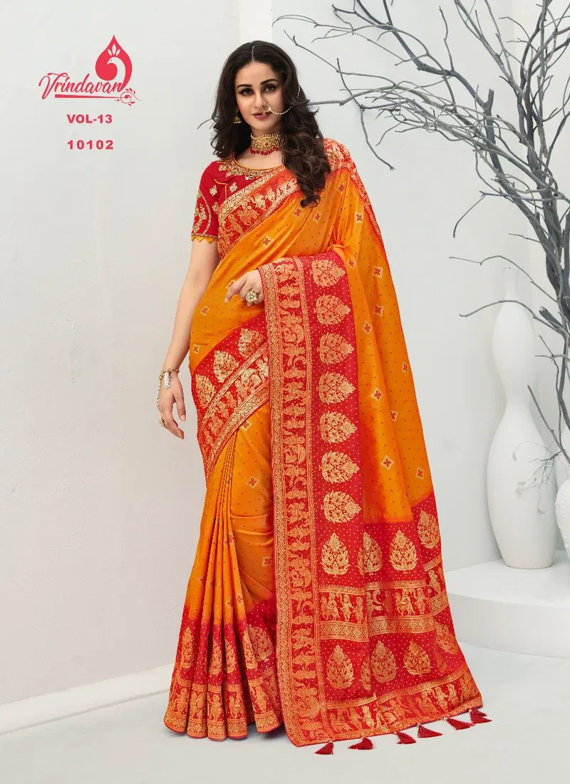 Orange Latest Designer Fancy Wedding Wear Heavy Banarsi Silk Printed Sarees Collection 10102